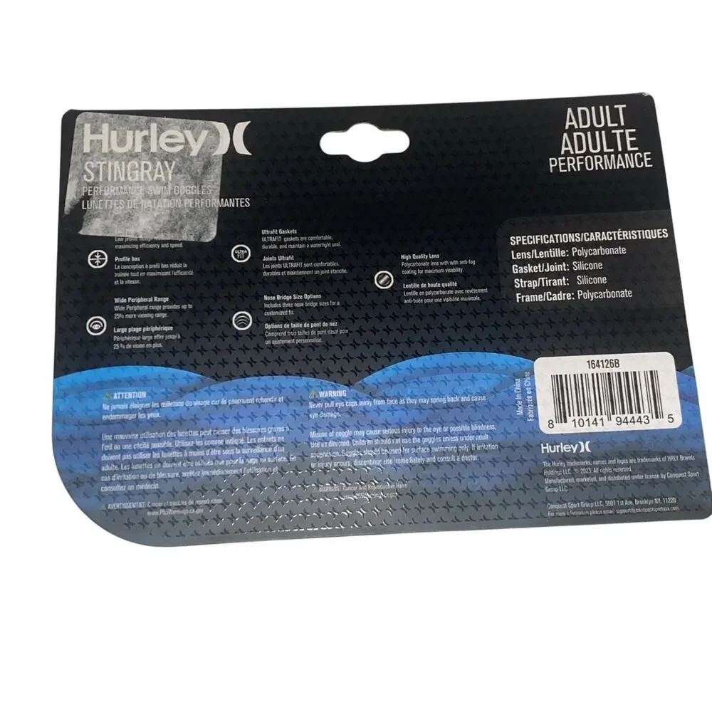 HURLEY ADULT PERFORMANCE STINGRAY SWIM GOGGLES NEW IN PACK